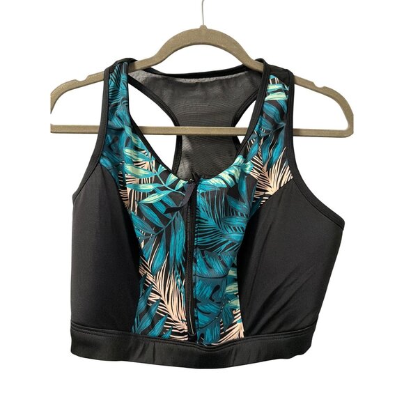 Cacique Swim By Cacique Black & Tropical Leaf Print Zip Front Sports Bra Size 20 - Picture 9 of 12